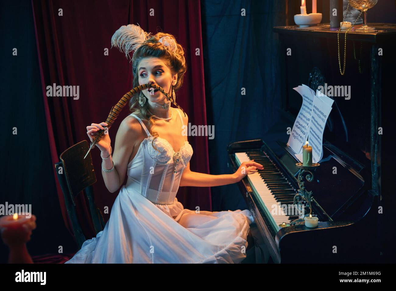 Evening meeting. Portrait of beautiful young woman in image of medieval ...