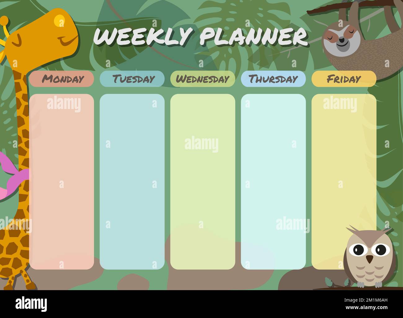 colorful weekly planner school schedule template for children with giraffe, owl and sloth, vector illustration Stock Vector