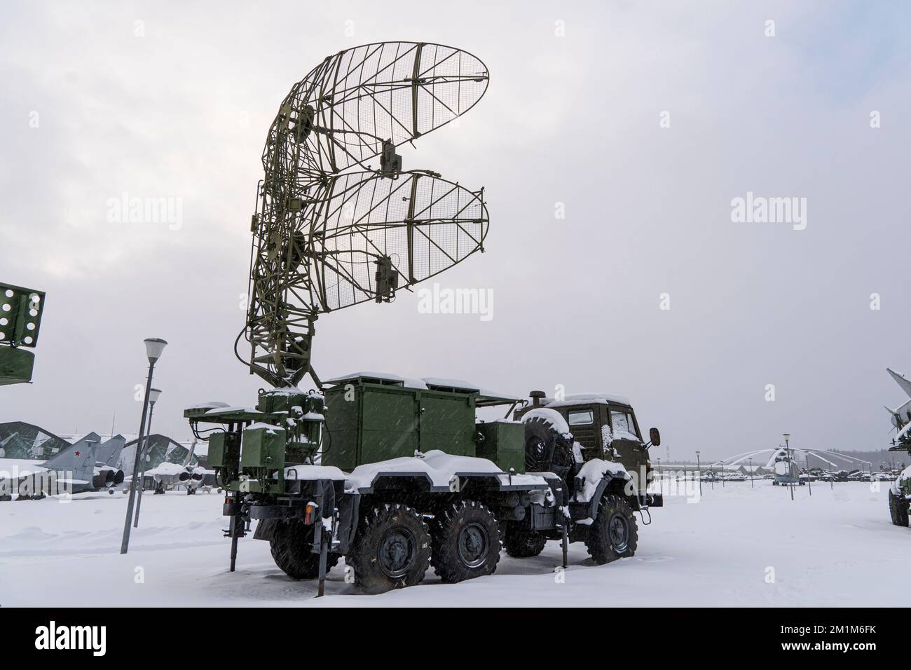 Satellite dishes or radio antennas sky. mobile air defense truck with