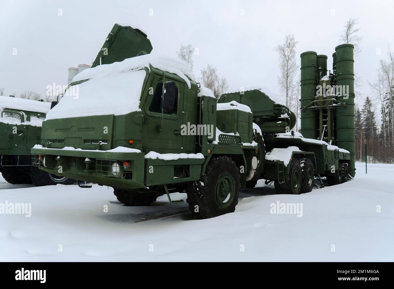 anti-aircraft missile system. Russian armed forces. Heavy Russian military equipment at a military base in the forest. preparation for rocket launch i Stock Photo
