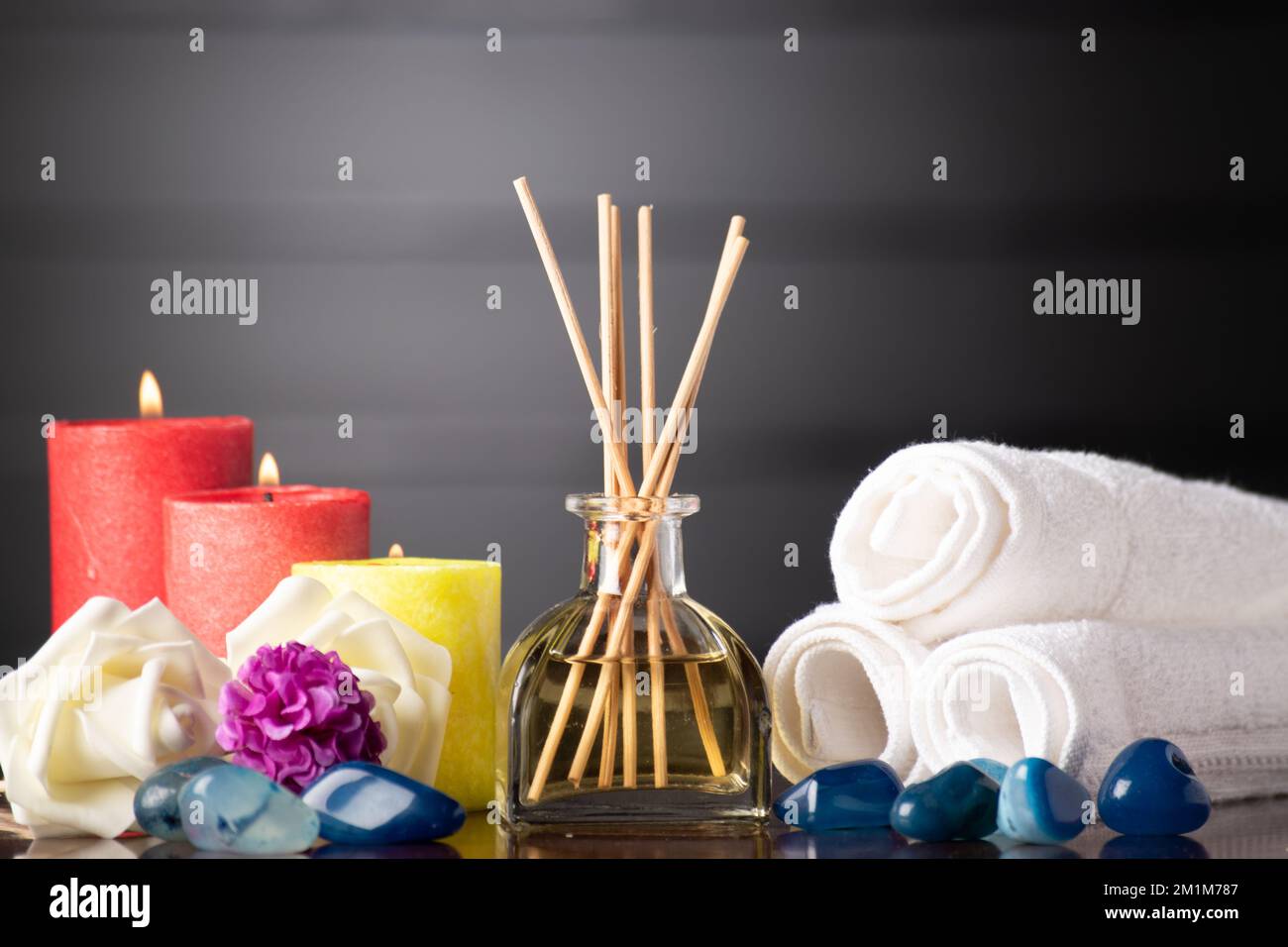 Aromatherapy concept reed diffuser on table Stock Photo