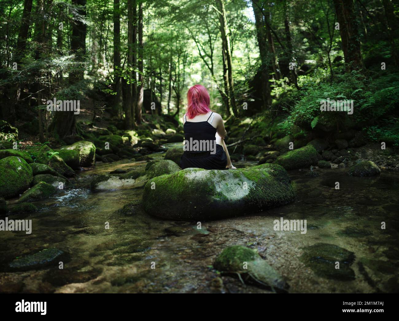 Young woman sitting on a rock in a stream in the forest near Baden-Baden, Germany Stock Photo