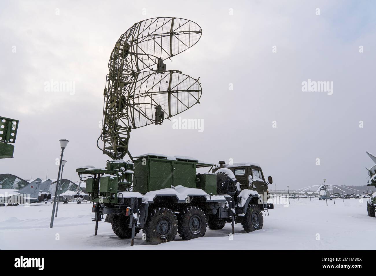 Satellite dishes or radio antennas sky. mobile air defense truck with