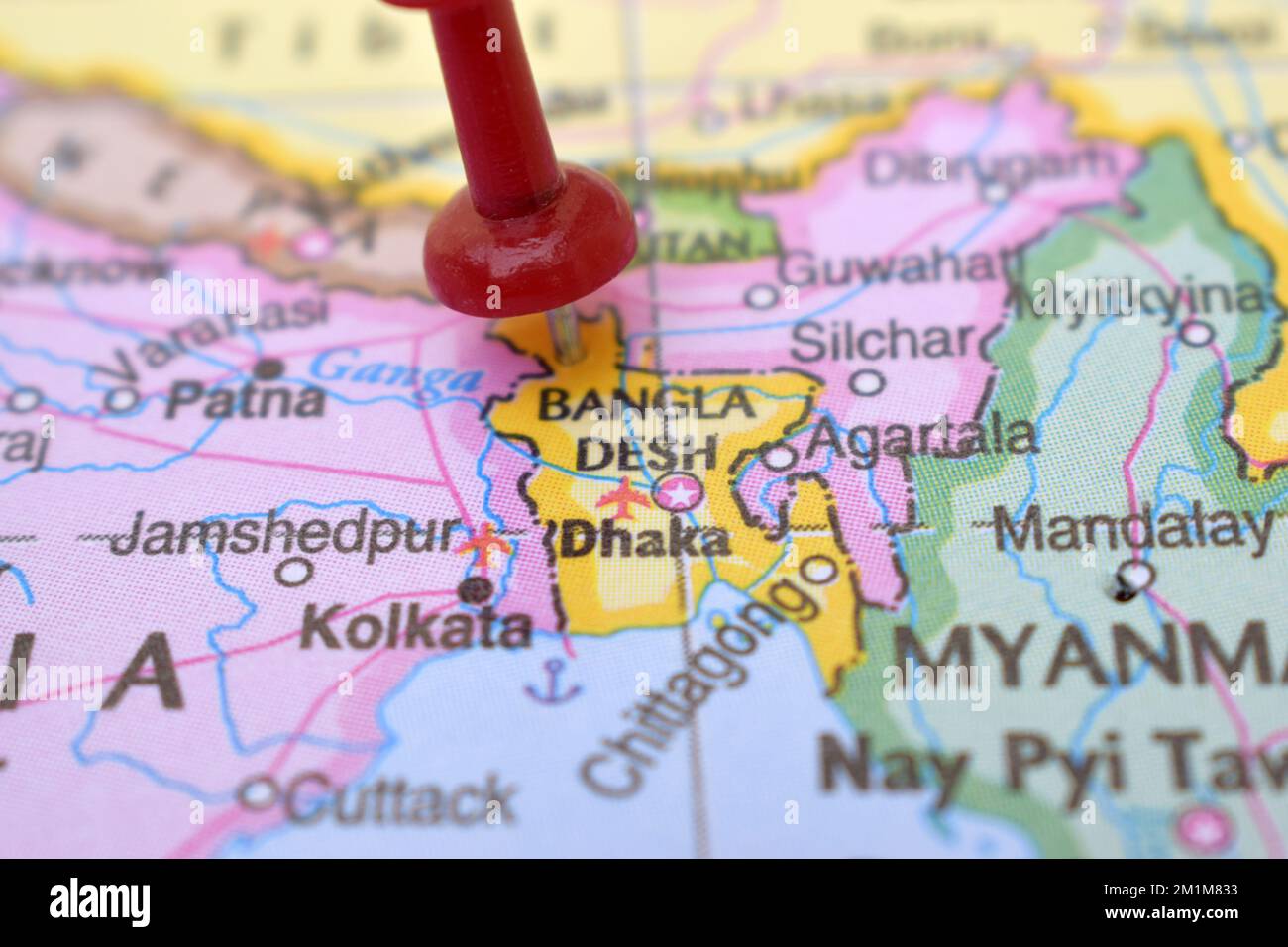Red Push Pin Pointing on Location of Bangla Desh World Map CloseUp