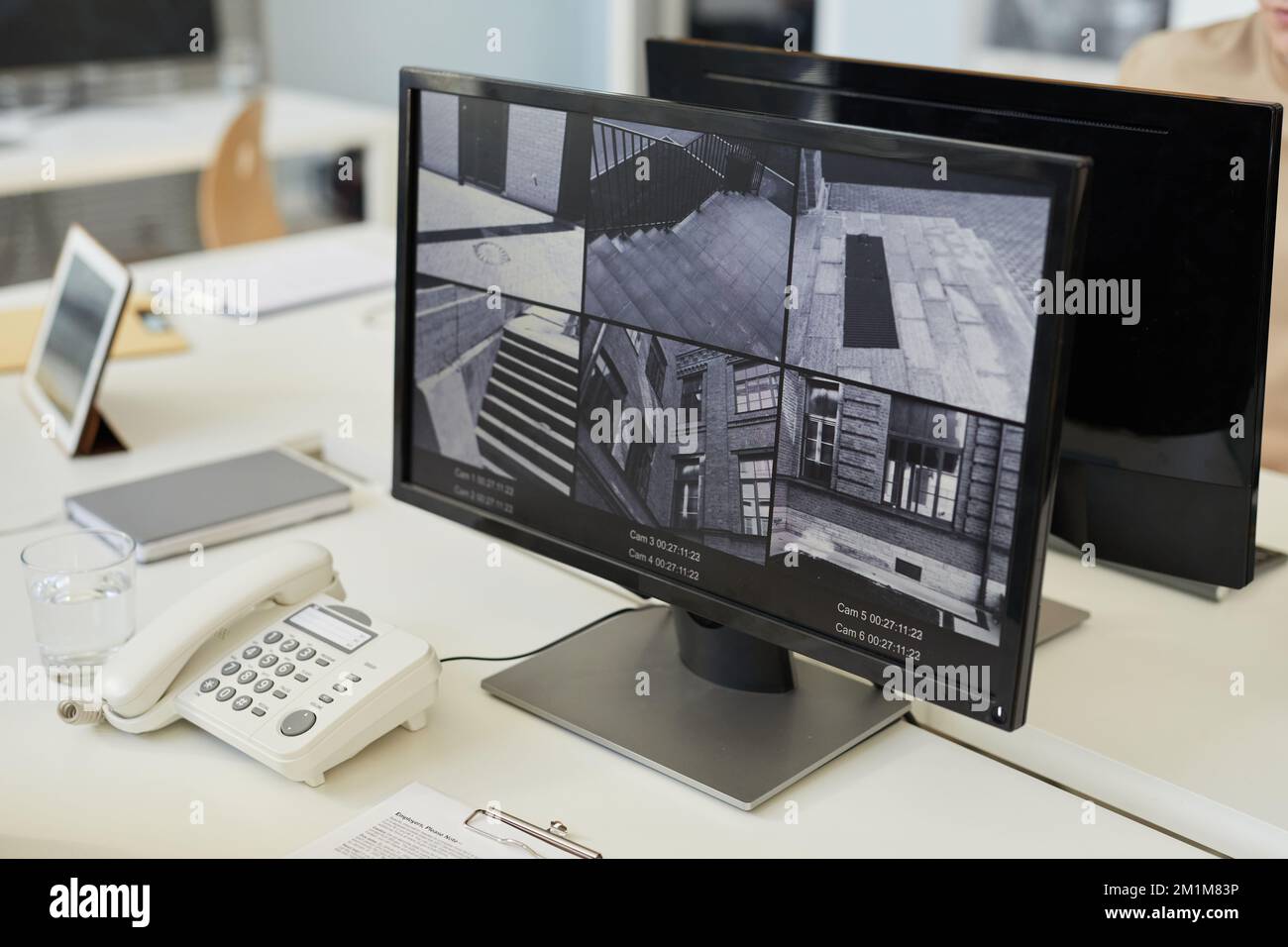 Background image of surveillance camera feed in black and while on ...