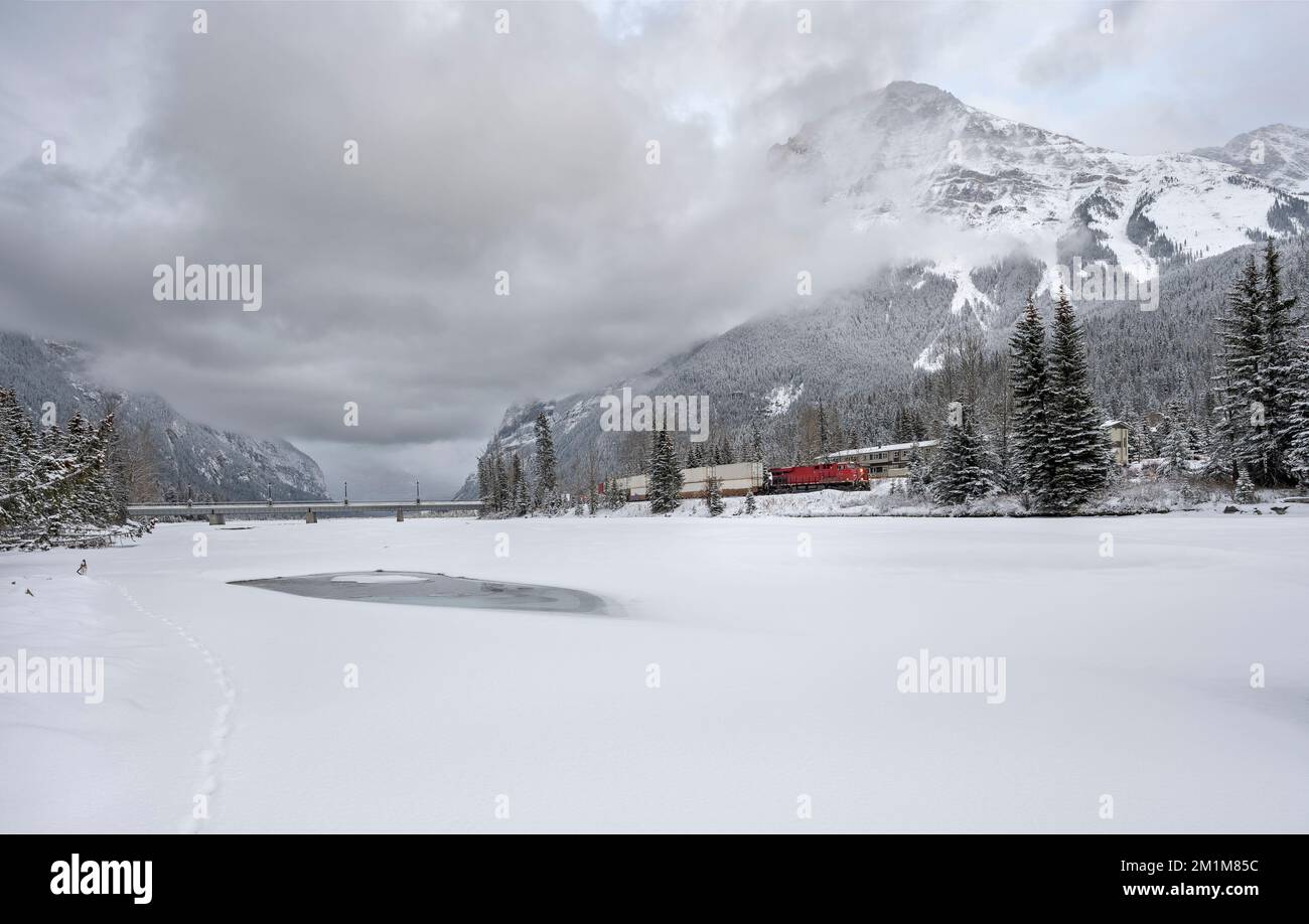 Winter view of an approaching freight train at the village of Field, British Columbia, Canada Stock Photo