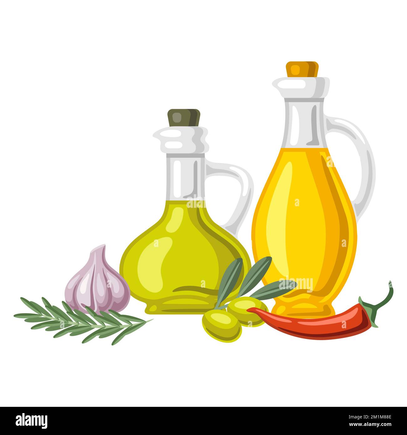 Background with flavored oil rosemary and chili pepper, olive branch