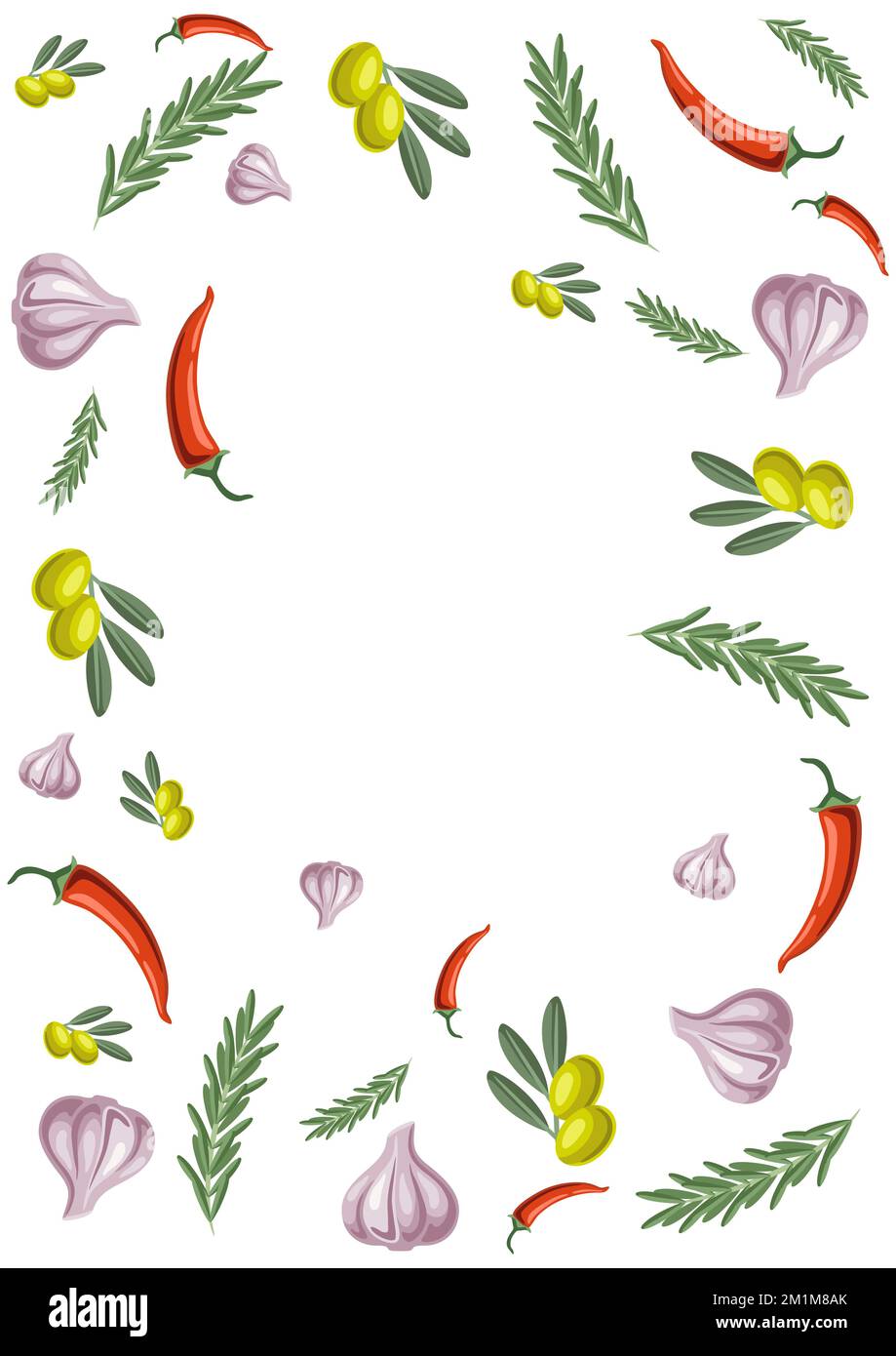 Background with rosemary and chili pepper, olive branch and garlic. Spicy for cooking Stock