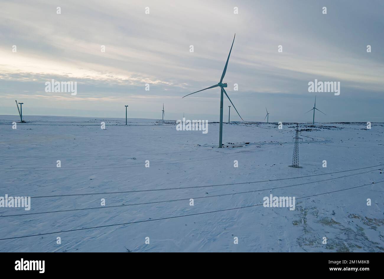 Snowy field and wind turbine at sunrise in winter. Aerial view of ...