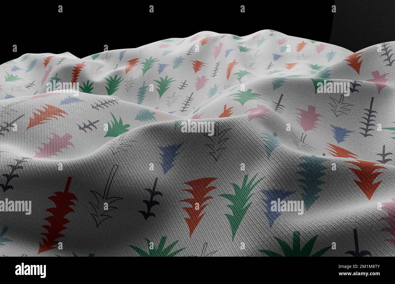 A section of wavy fabric with christmas tree patterns on a dimly lit background - 3D render Stock Photo