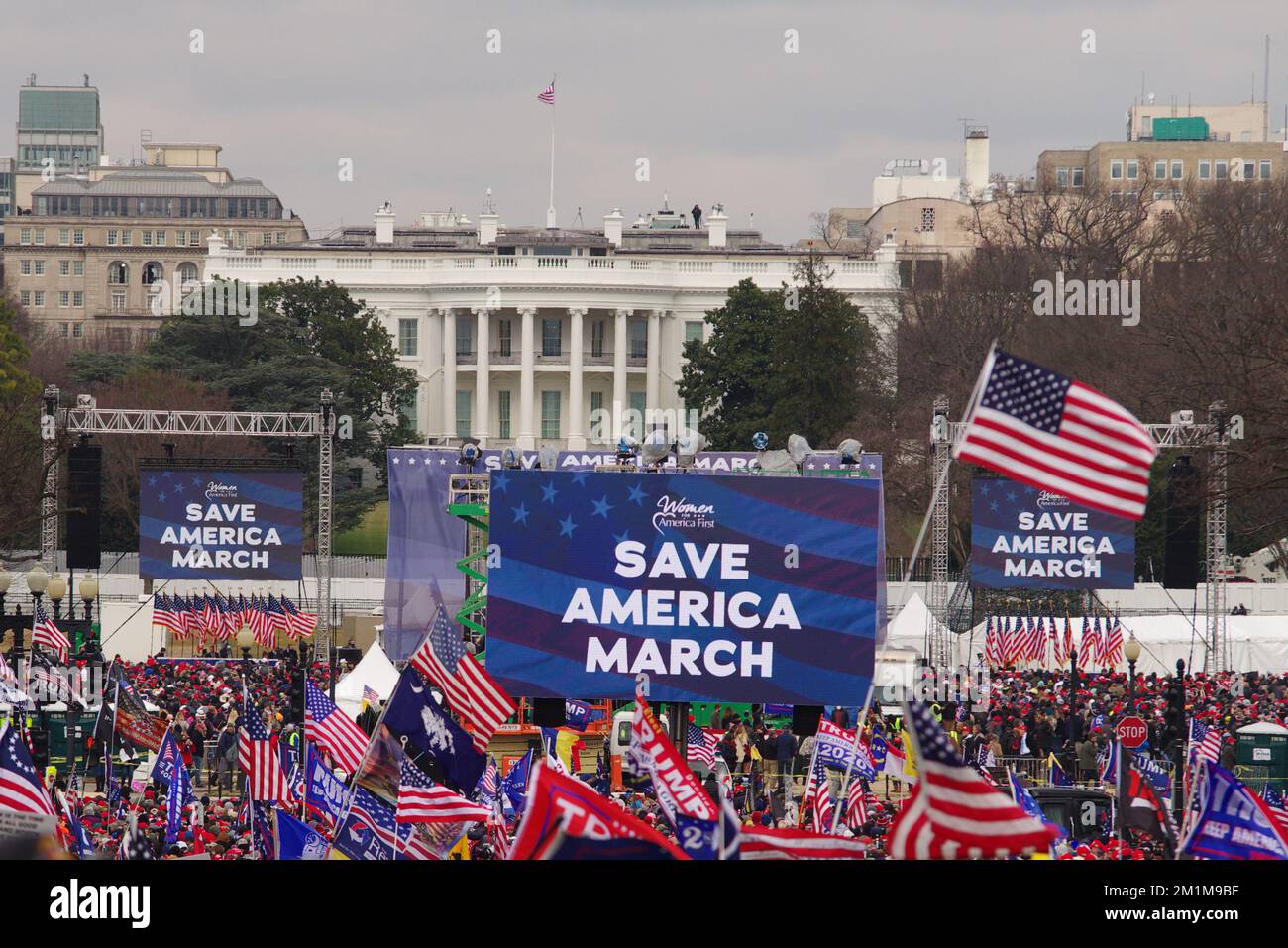 The White House serves as a backdrop for the then-U.S. President Donald Trump's 'Stop the Steal' rally that preceded the Capitol insurrection on Janua Stock Photo