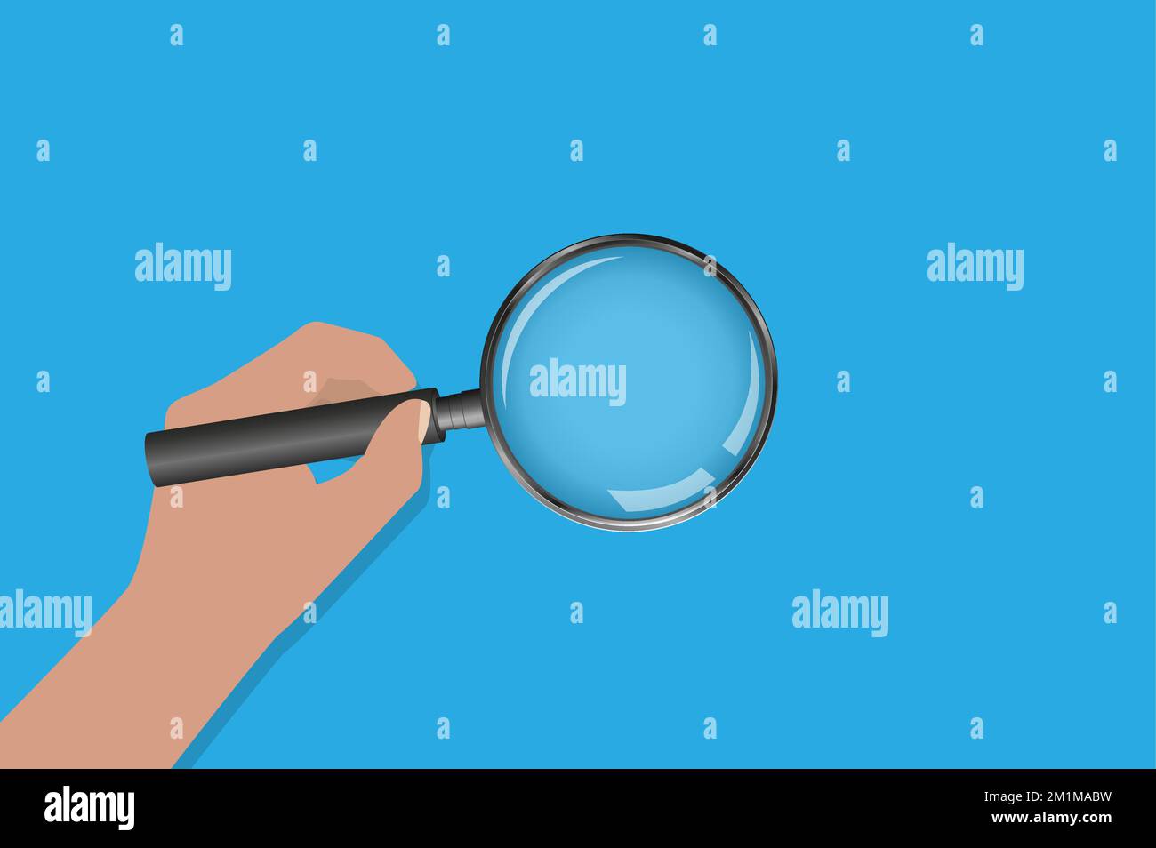 hand holding magnifying glass against blue background, research and examination concept vector illustration Stock Vector