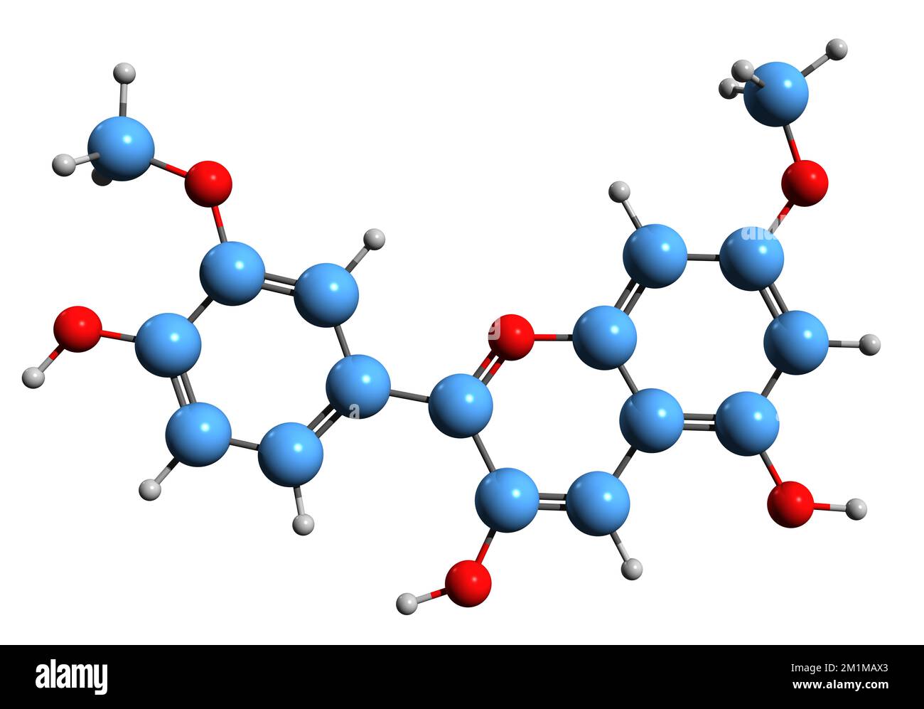 3D image of Rosinidin skeletal formula - molecular chemical structure of  O-methylated anthocyanidin isolated on white background Stock Photo