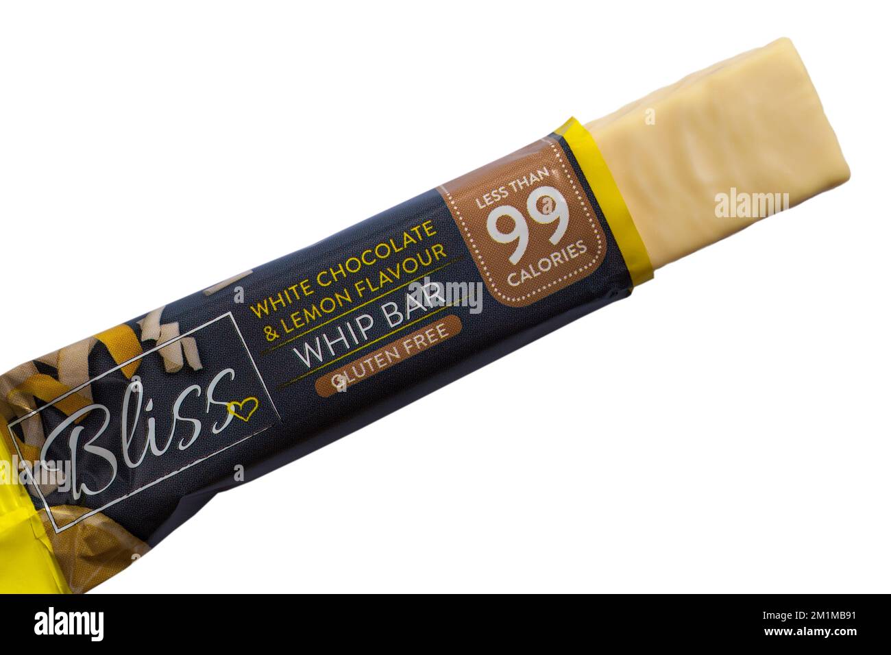 Bliss white chocolate & lemon flavour whip bar gluten free opened to show contents set on white