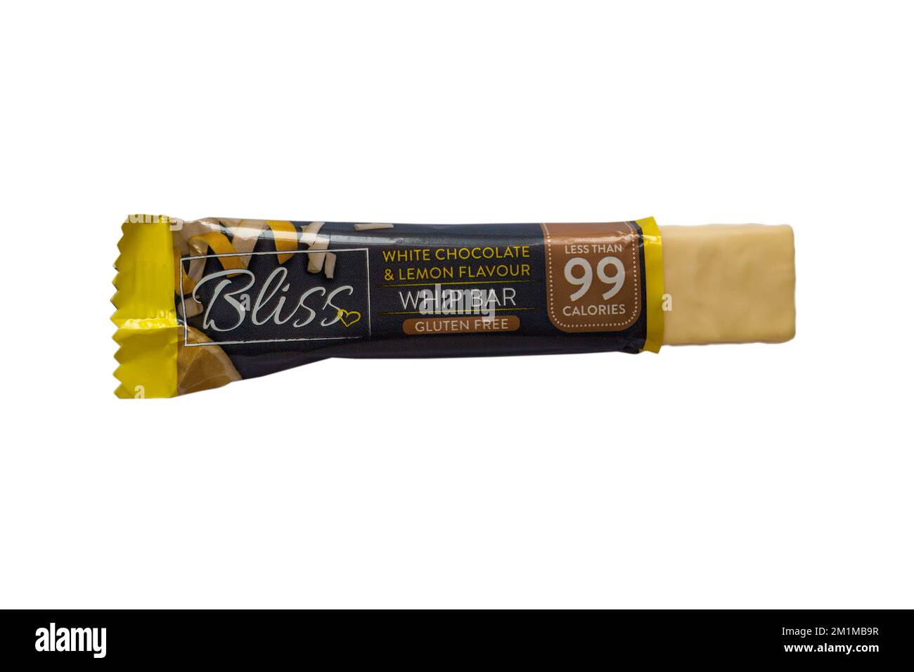 Bliss white chocolate & lemon flavour whip bar gluten free opened to show contents isolated on