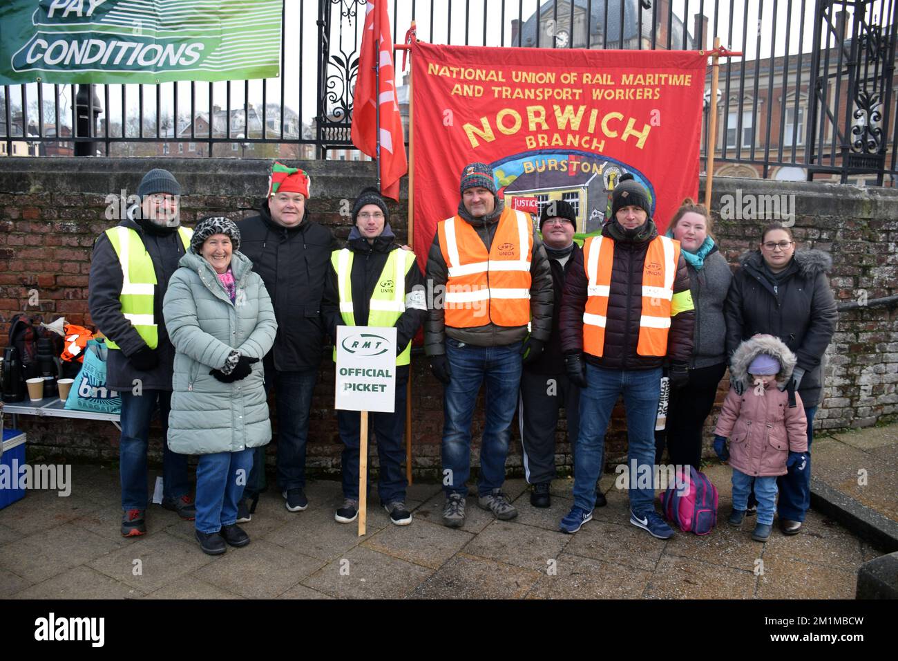 Norwich, England, UK. 13 December 2022. RMT rail strike picket line outside Norwich railway station. Credit Liz Somerville/Alamy Live News Stock Photo