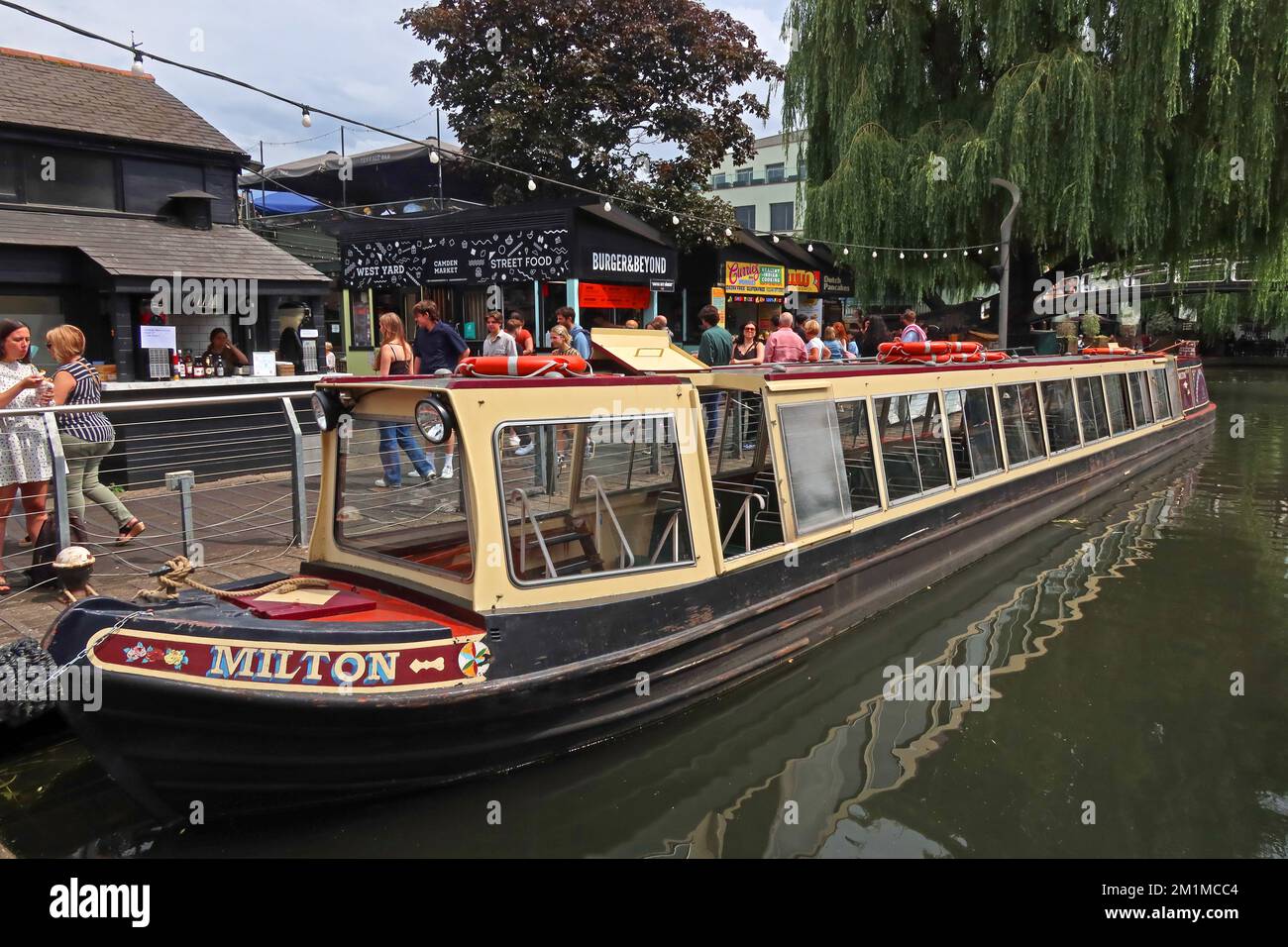 Milton waterbus at Camden Locks, canal, boats and market, Lock Place, Camden, London, England, UK, NW1 8AF Stock Photo