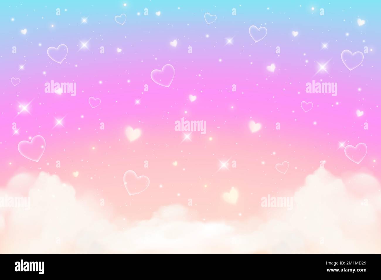 Rainbow unicorn background with clouds hearts and stars. Pastel color sky. Magical pink landscape, abstract fabulous panorama. Cute candy wallpaper Stock Vector