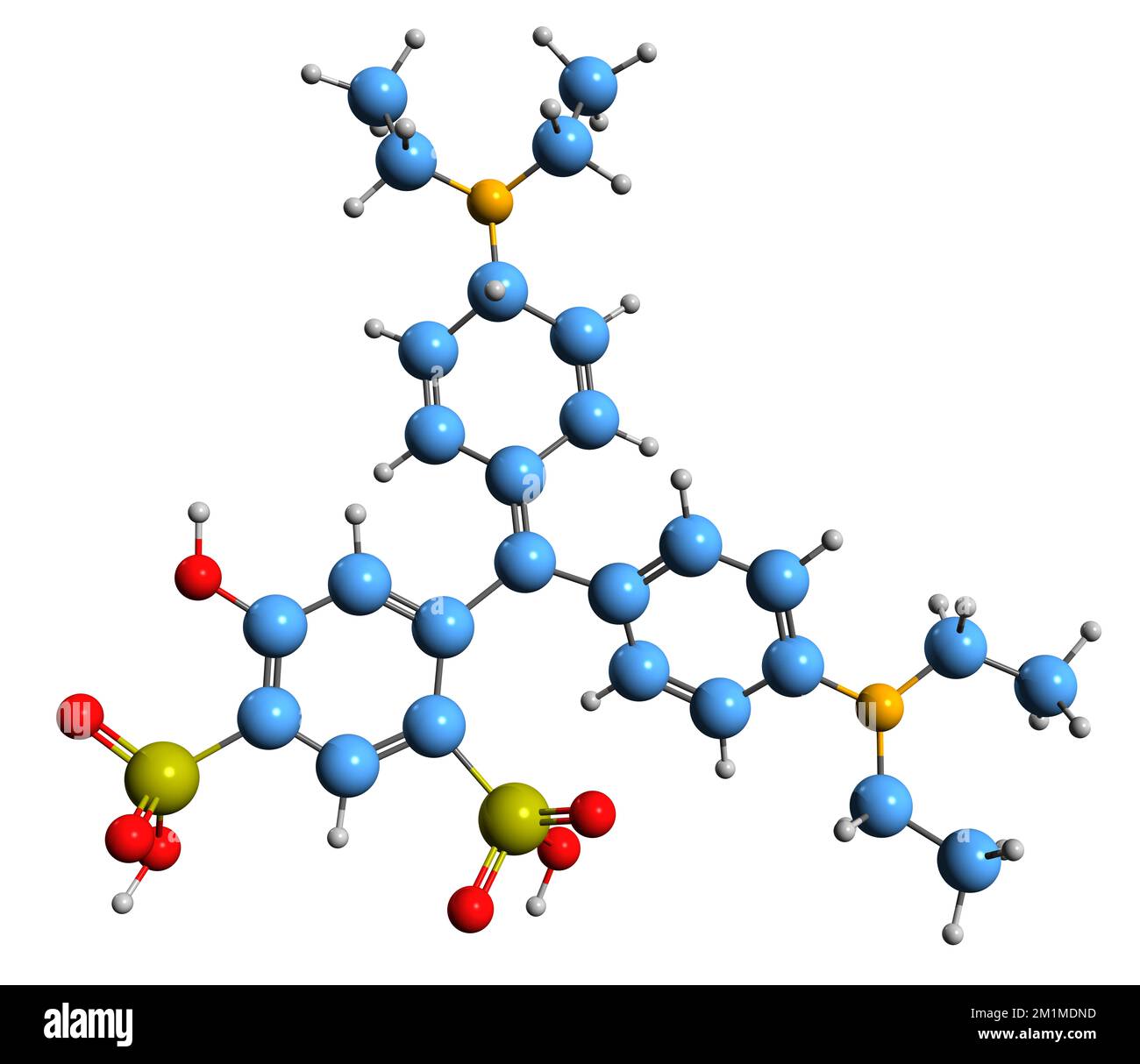 3D image of Patent Blue V skeletal formula - molecular chemical structure of blue synthetic triphenylmethane dye isolated on white background Stock Photo