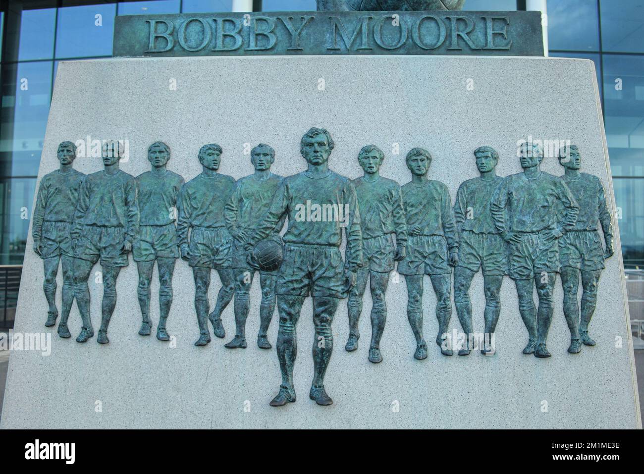 The statue base of England Football Captain Bobby Moore outside Wembley