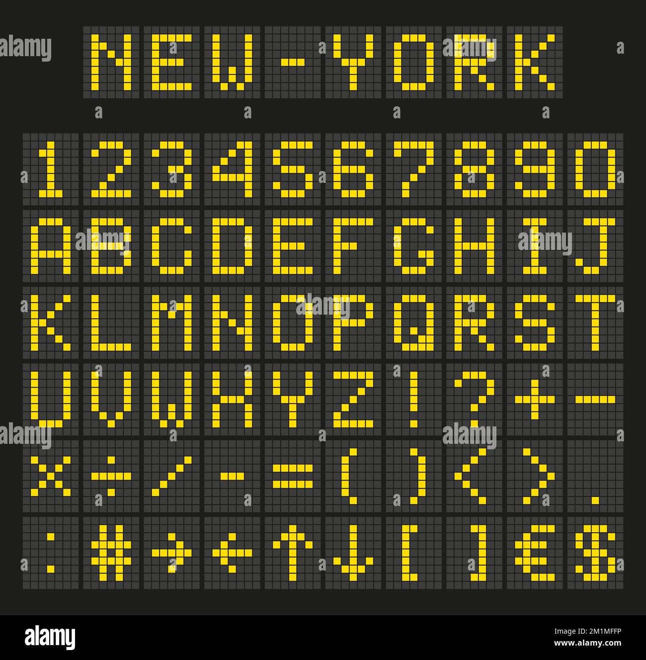 Light yellow digital font, letters and numbers. English alphabet in