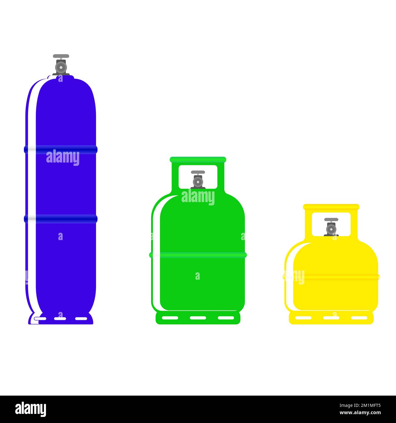 Set of propane gas cylinders. Blue green and yellow gas tank, gas container. Design of a tank