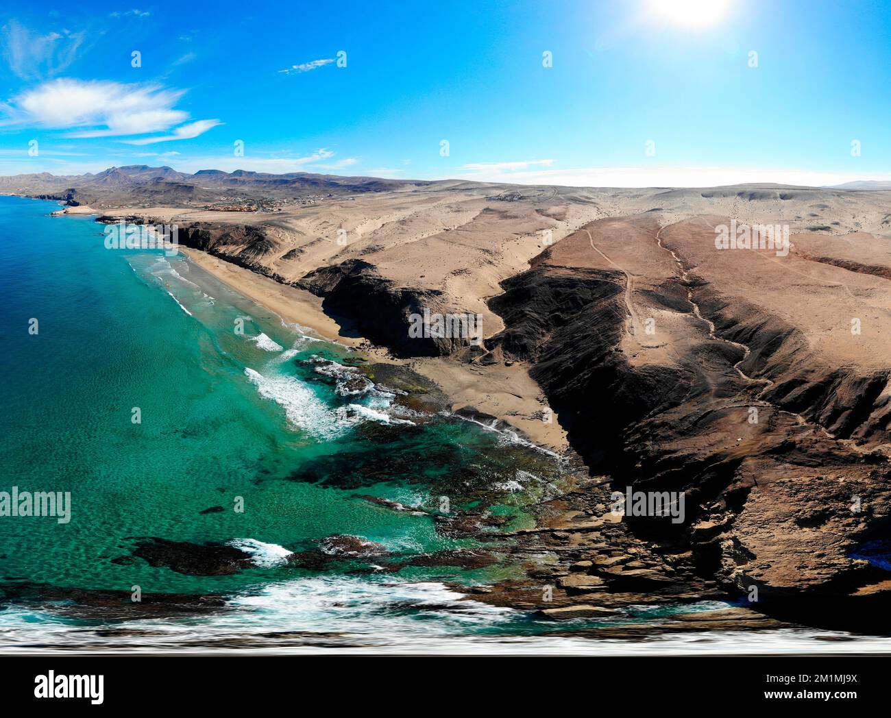 Luftbild: Duenenlandschaft, Atlantischer Ozean bei Istmo de la Pared, Jandia, Fuerteventura, Kanarische Inseln, Spanien/ Fuerteventura, Canary Islands Stock Photo
