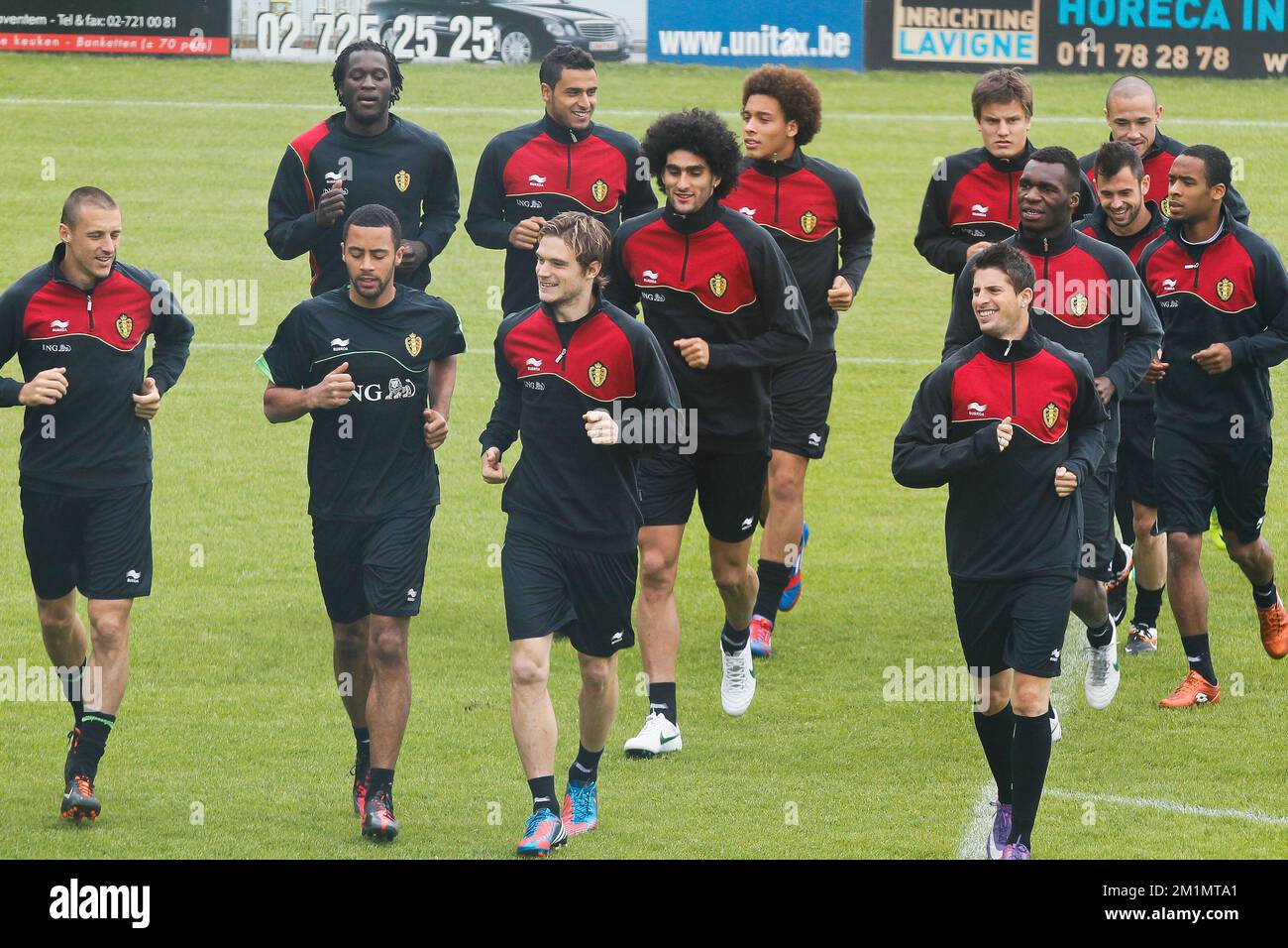 20120523 - ZAVENTEM, BELGIUM: Belgian players pictured during a training session of the Red Devils, the Belgian national soccer team, in Zaventem, Wednesday 23 May 2012. The team is preparing for a friendly game against Montenegro later this week on 25 May. BELGA PHOTO BRUNO FAHY Stock Photo