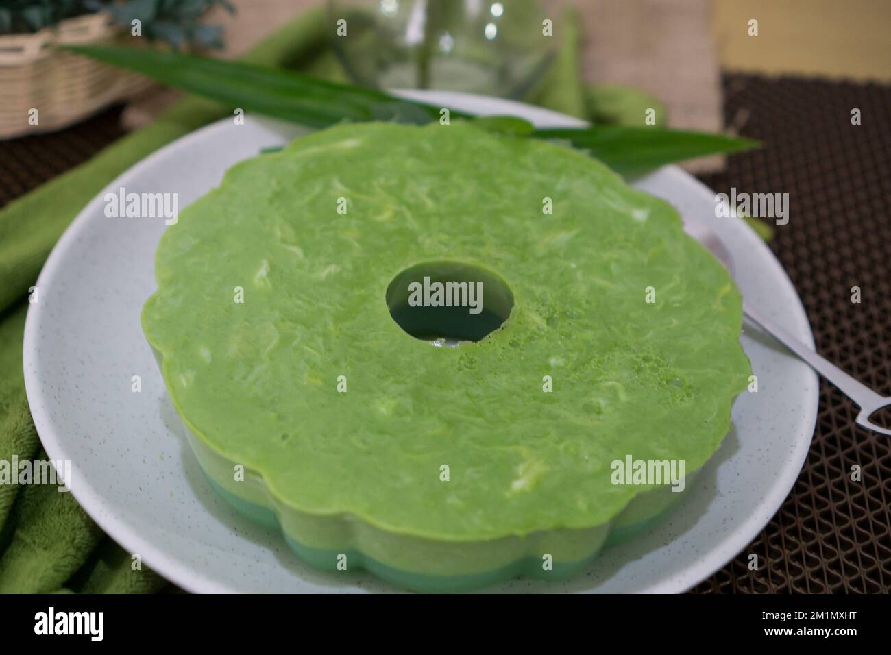 Indonesian Food, Puding Pandan Lumut in a white bowl decorated with ...