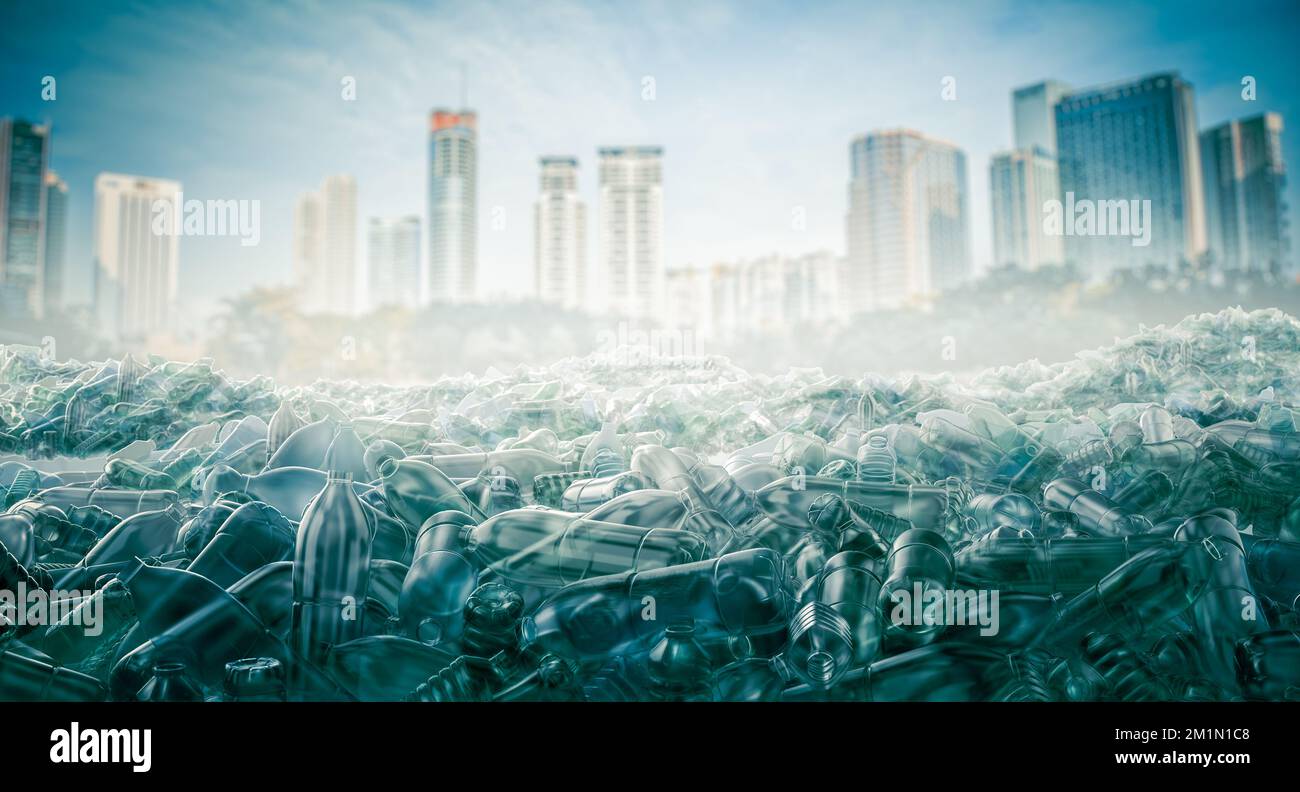 empty plastic bottles and blurry city background. 3d render Stock Photo