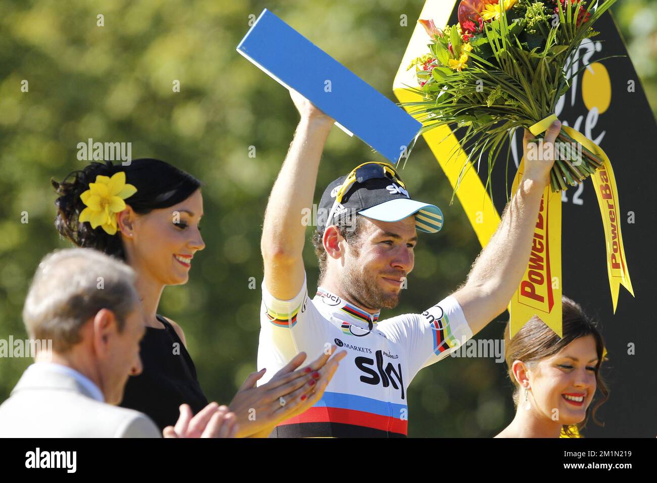 20120722 - PARIS, FRANCE: British Mark Cavendish of Sky Procycling Team celebrates on the podium after winning the 20th and last stage of the 99th edition of the Tour de France cycling race, 130km from Rambouillet to the Champs-Elysees, Paris, France, Sunday 22 July 2012. BELGA PHOTO KRISTOF VAN ACCOM Stock Photo