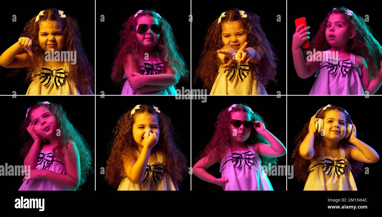 Collage of portraits of little emotional cute girl isolated on dark ...