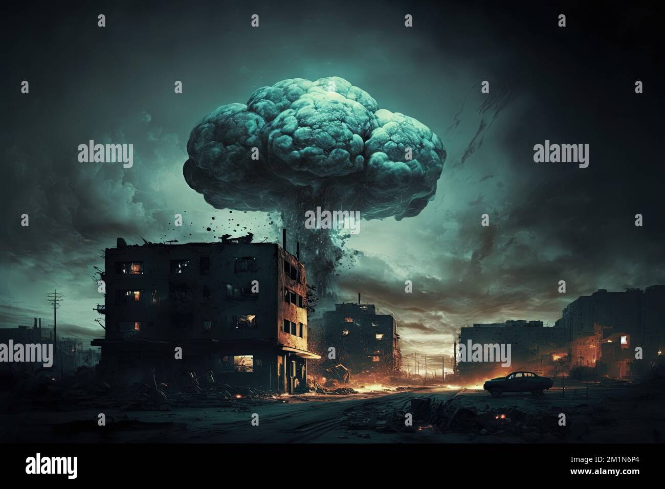 Mushroom cloud after atomic bomb explosion in city. Generative AI. Stock Photo