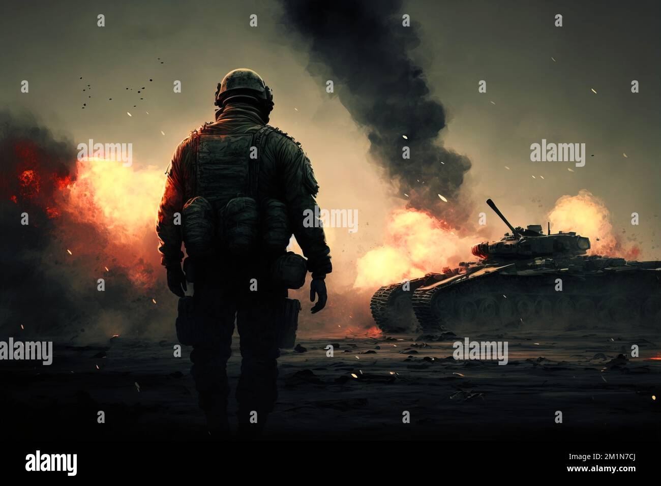 war with soldier and tank at battlefield. Generative AI. Stock Photo