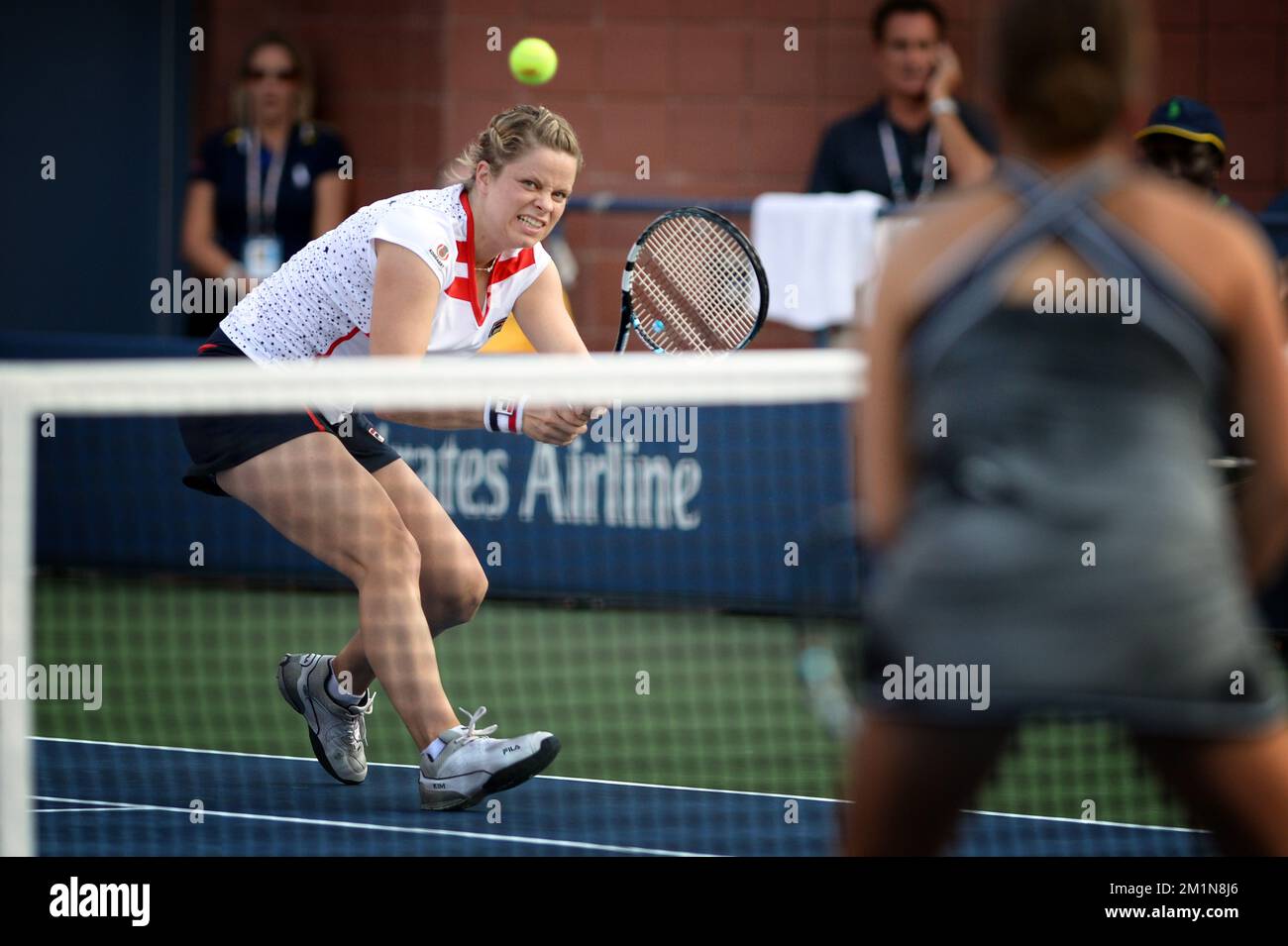 20120831 - NEW YORK, UNITED STATES: Belgian Kim Clijsters pictured during the mixed doubles first round match, Kim Clijsters and Bob Bryan versus Irina Falconi and Steve Johnson, at the US Open Grand Slam tennis tournament, at Flushing Meadows, in New York City, USA, Friday 31 August 2012. BELGA PHOTO YORICK JANSENS Stock Photo