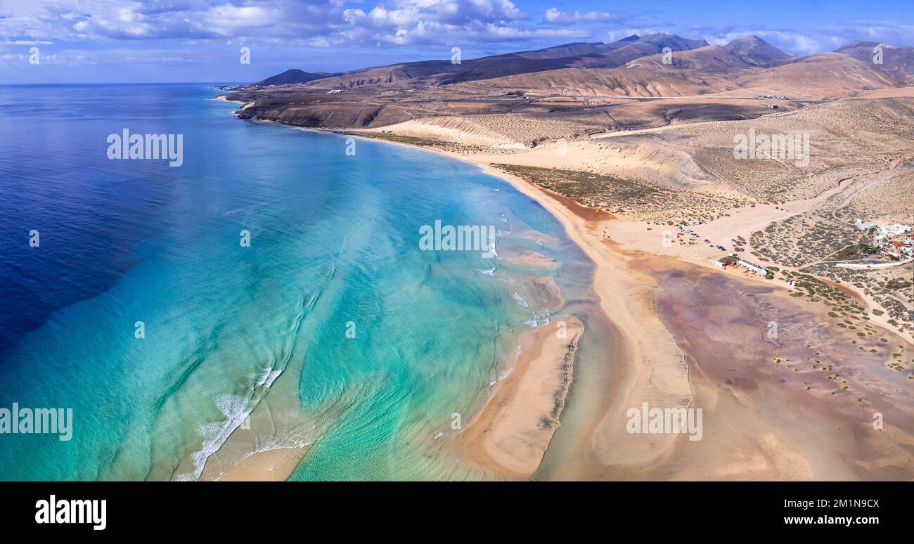 Fuerteventura sea sceney aerial drone view. Best scenic beaches and famous sport for wind and kite surfing Sotavento in south. view of lagoon .Canary Stock Photo