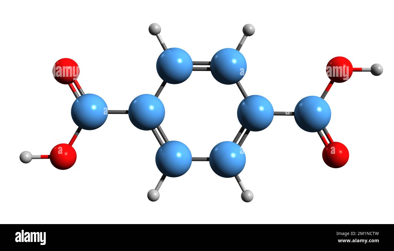 3D image of Terephthalic acid skeletal formula - molecular chemical structure of para-Phthalic acid isolated on white background Stock Photo