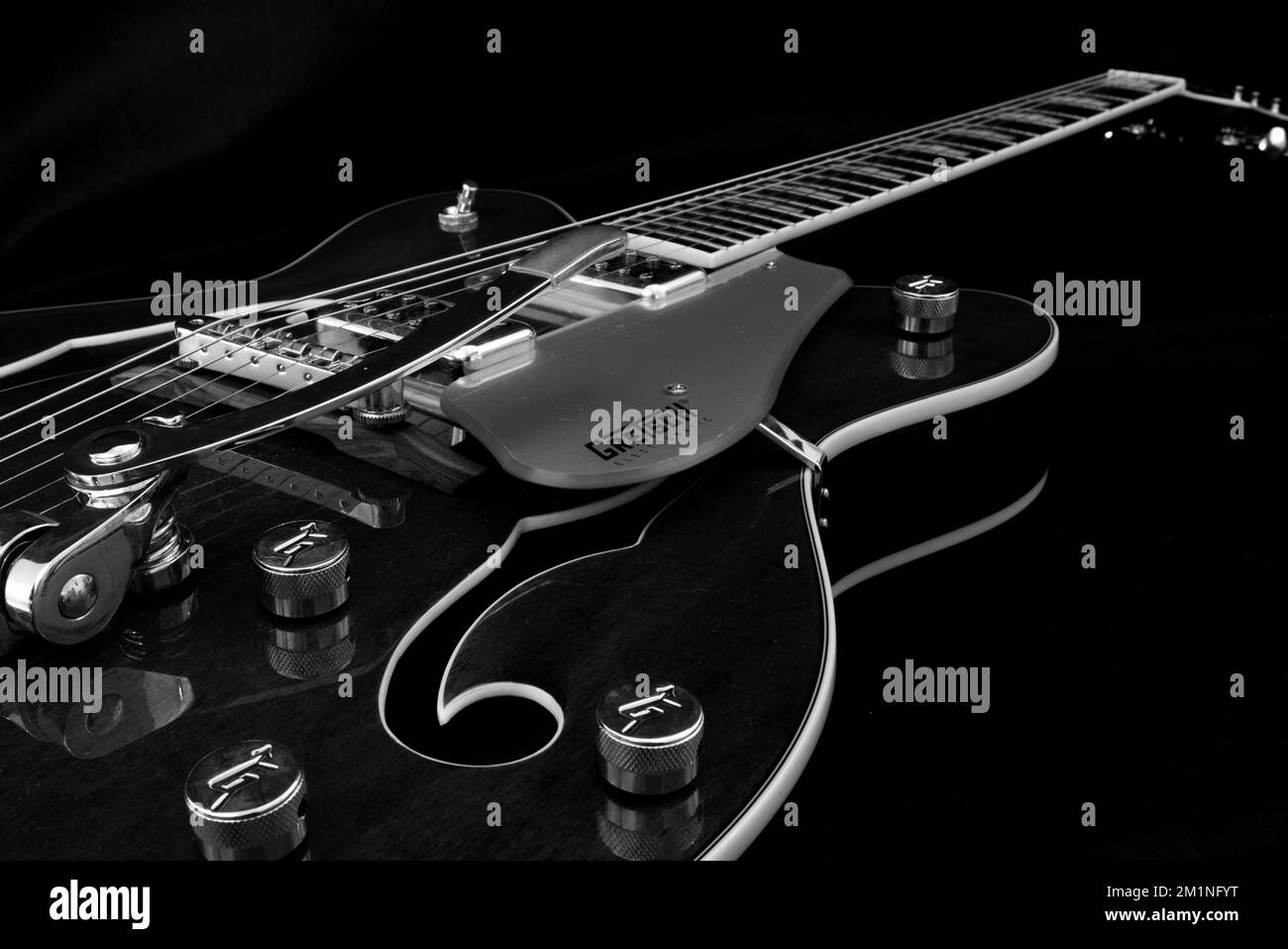 Amsterdam, Nederland. December 2022. An acoustic Gretsch guitar in black and white. High quality photo Stock Photo