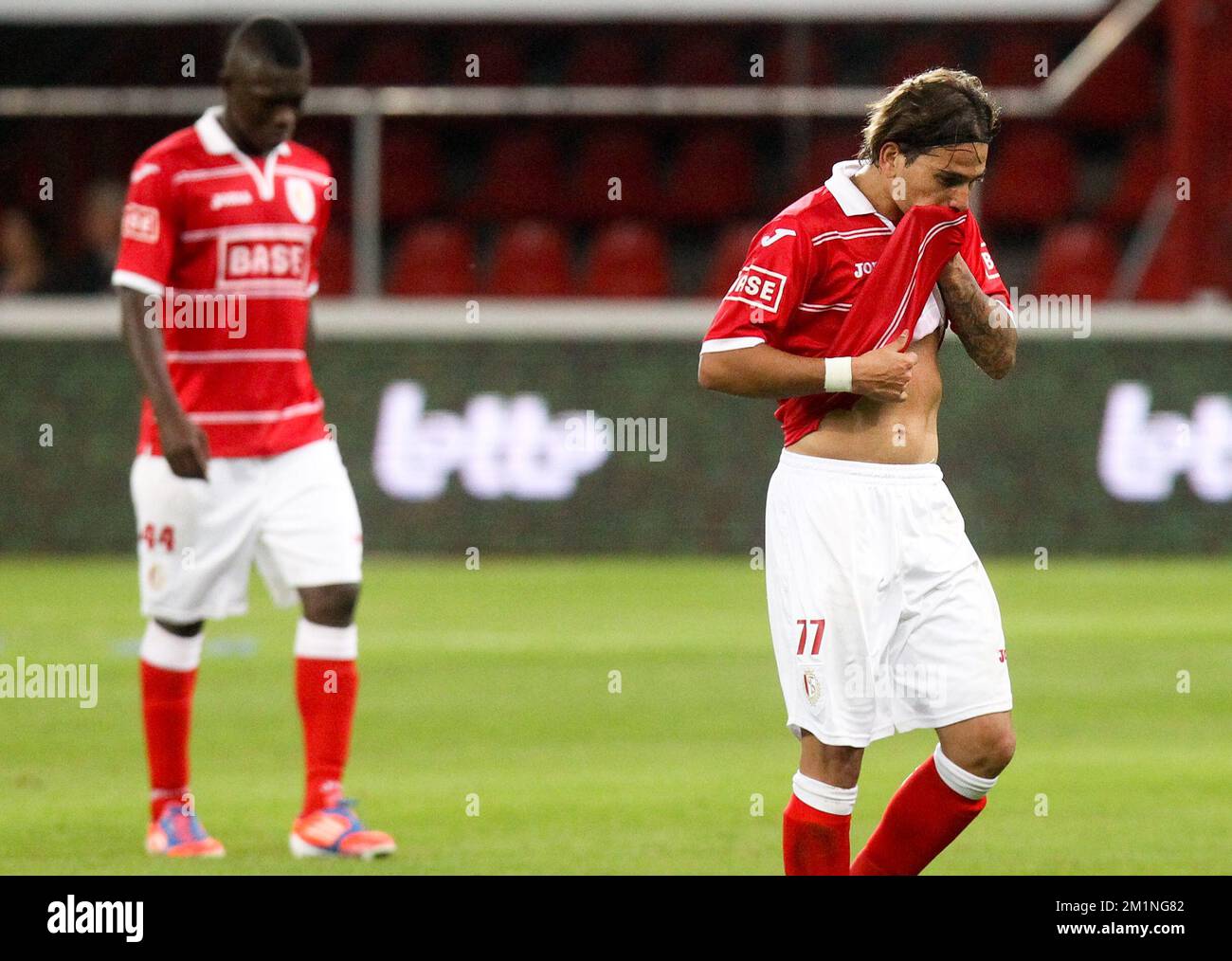 20120921 - LIEGE, BELGIUM: Standard's Maor Bar Buzaglo looks dejected during the Jupiler Pro League match between Standard de Liege and AA Gent, in Liege, Friday 21 September 2012, on the 8th day of the Belgian soccer championship. BELGA PHOTO VIRGINIE LEFOUR Stock Photo