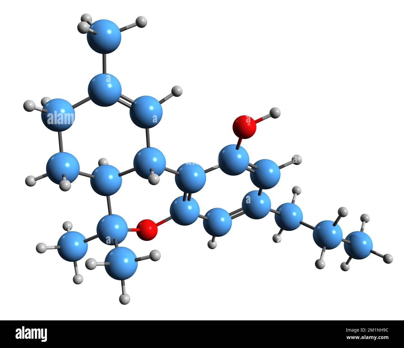 3D image of Tetrahydrocannabivarin skeletal formula - molecular chemical structure of homologue of tetrahydrocannabinol isolated on white background Stock Photo