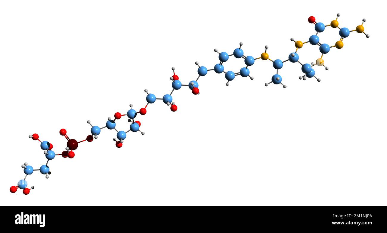 3D image of Tetrahydromethanopterin skeletal formula - molecular chemical structure of coenzyme in methanogenesis isolated on white background Stock Photo