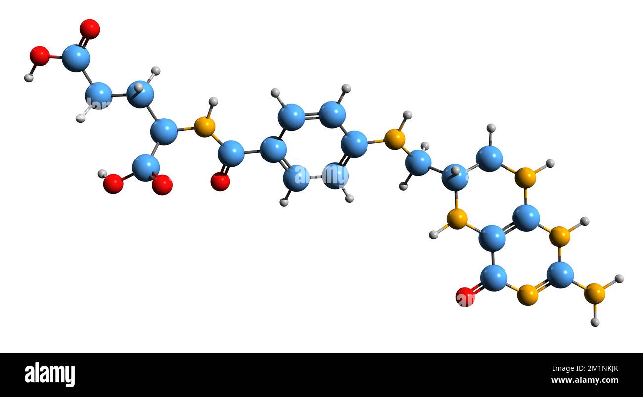 3D image of Tetrahydrofolic acid skeletal formula - molecular chemical structure of tetrahydrofolate isolated on white background Stock Photo