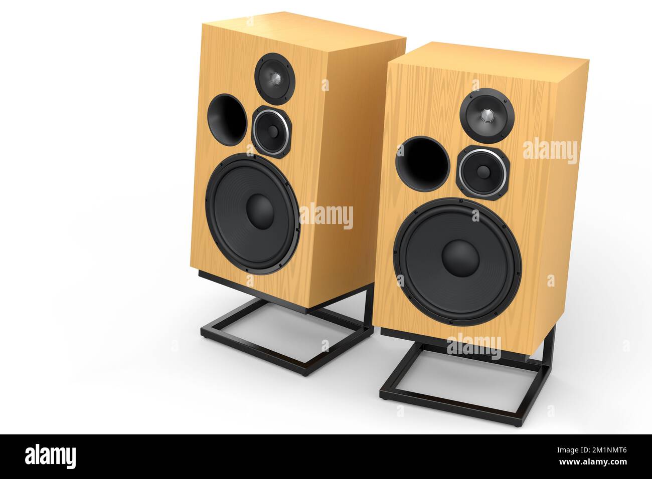 Hifi speakers with loudspeakers on stand isolated on white background