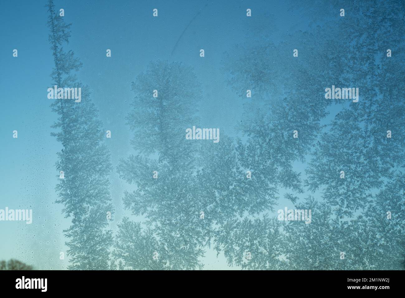 Frost patterns on glass window pane. Frosted glass with blue sky behind. Delicate crystals formed in cold weather. Stock Photo