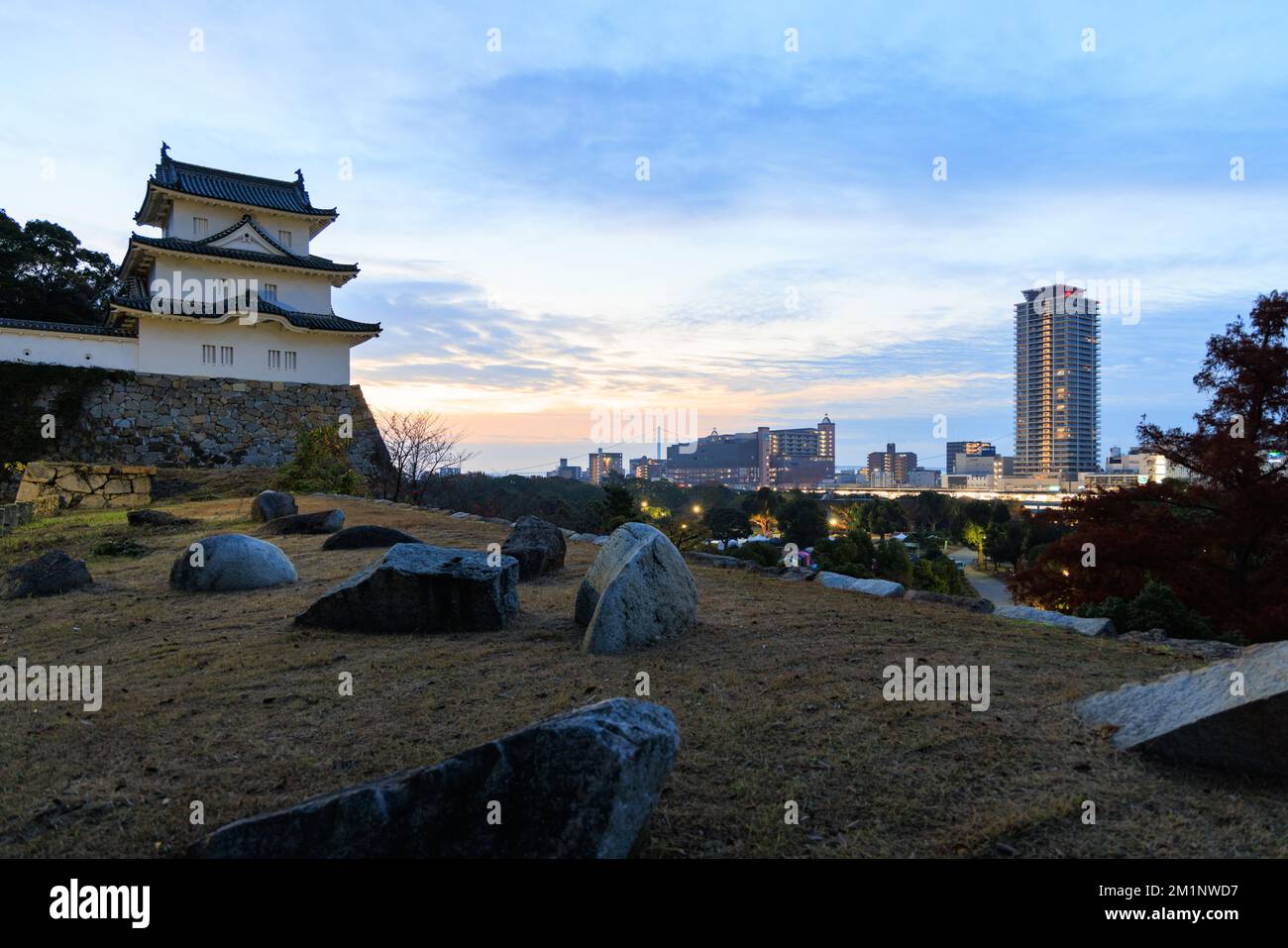 Predawn color in sky over historic Japanese castle and modern tower Stock Photo