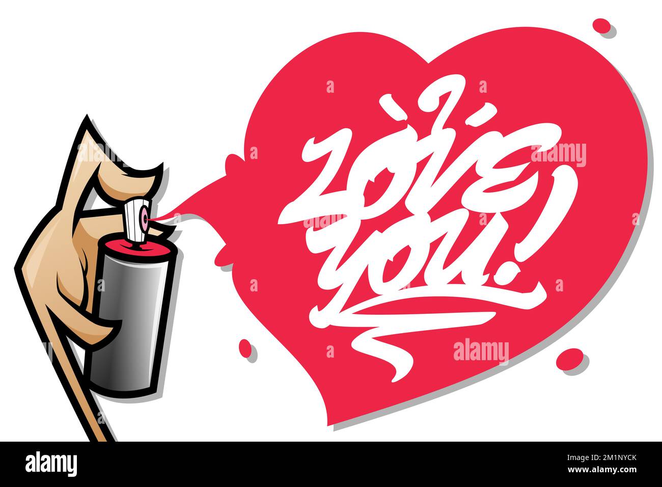 Cartoon hand holding an aerosol spraying a graffiti paint heart i love you lettering banner. Valentines Day vector illustration isolated on white back Stock Vector
