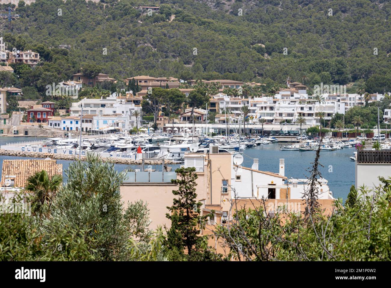 Andratx Mallorca June 2022 Beautiful mediterranean place in Mallorca, with harbour and many boats Stock Photo