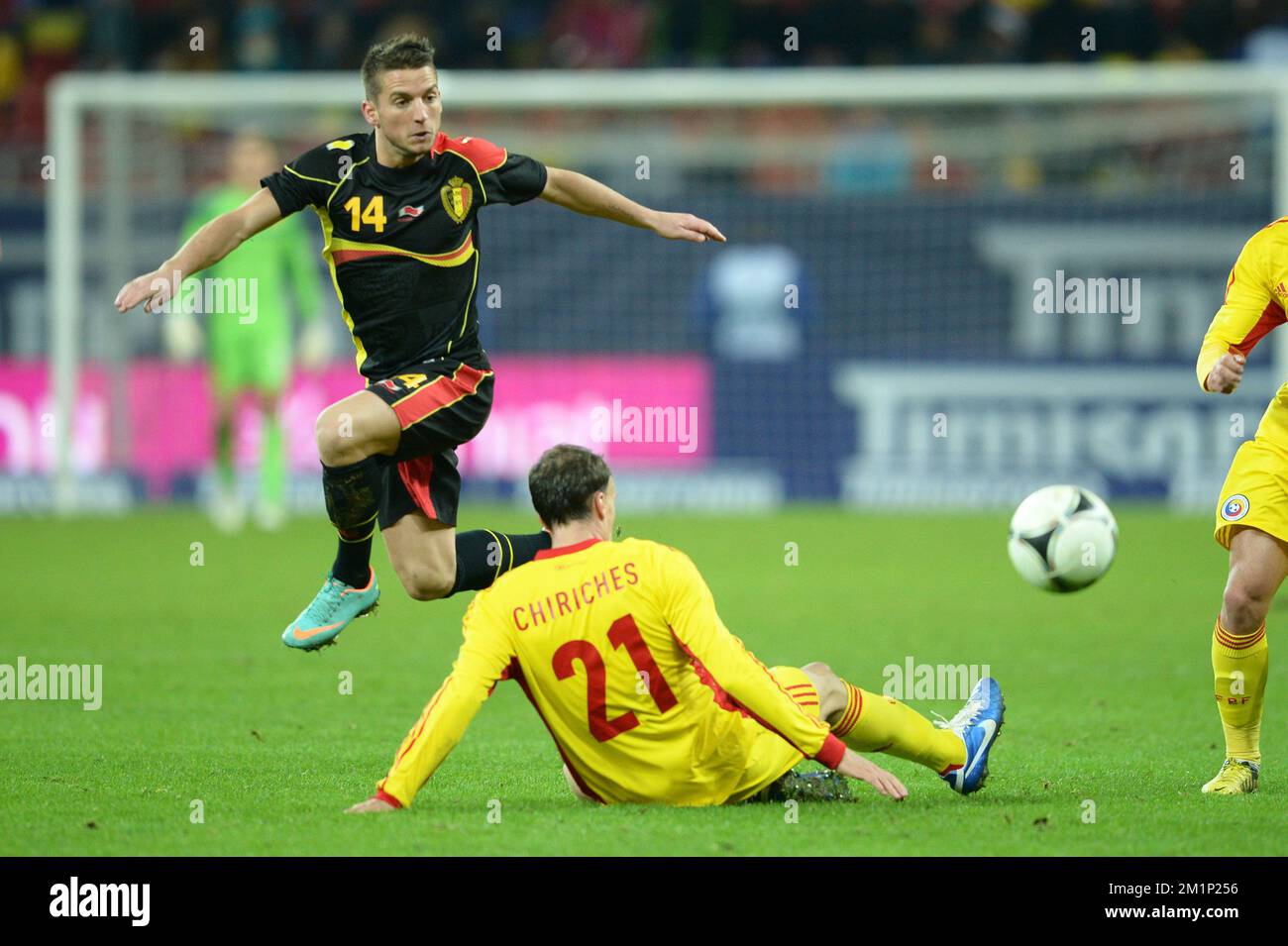 20121114 - BUCAREST, ROMANIA: Belgium's Dries Mertens and Romania's Vlad Chiriches fight for the ball during a friendly soccer game between Romania and the Belgian national team 'the Red Devils' in Bucharest, Romania, Wednesday 14 November 2012. BELGA PHOTO YORICK JANSENS Stock Photo