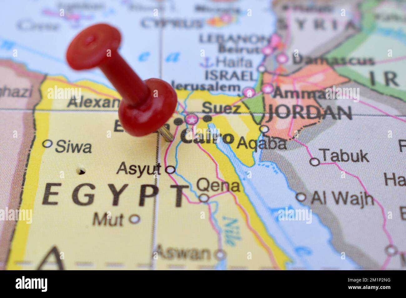 Red Push Pin Pointing on Location of Cairo World Map CloseUp View