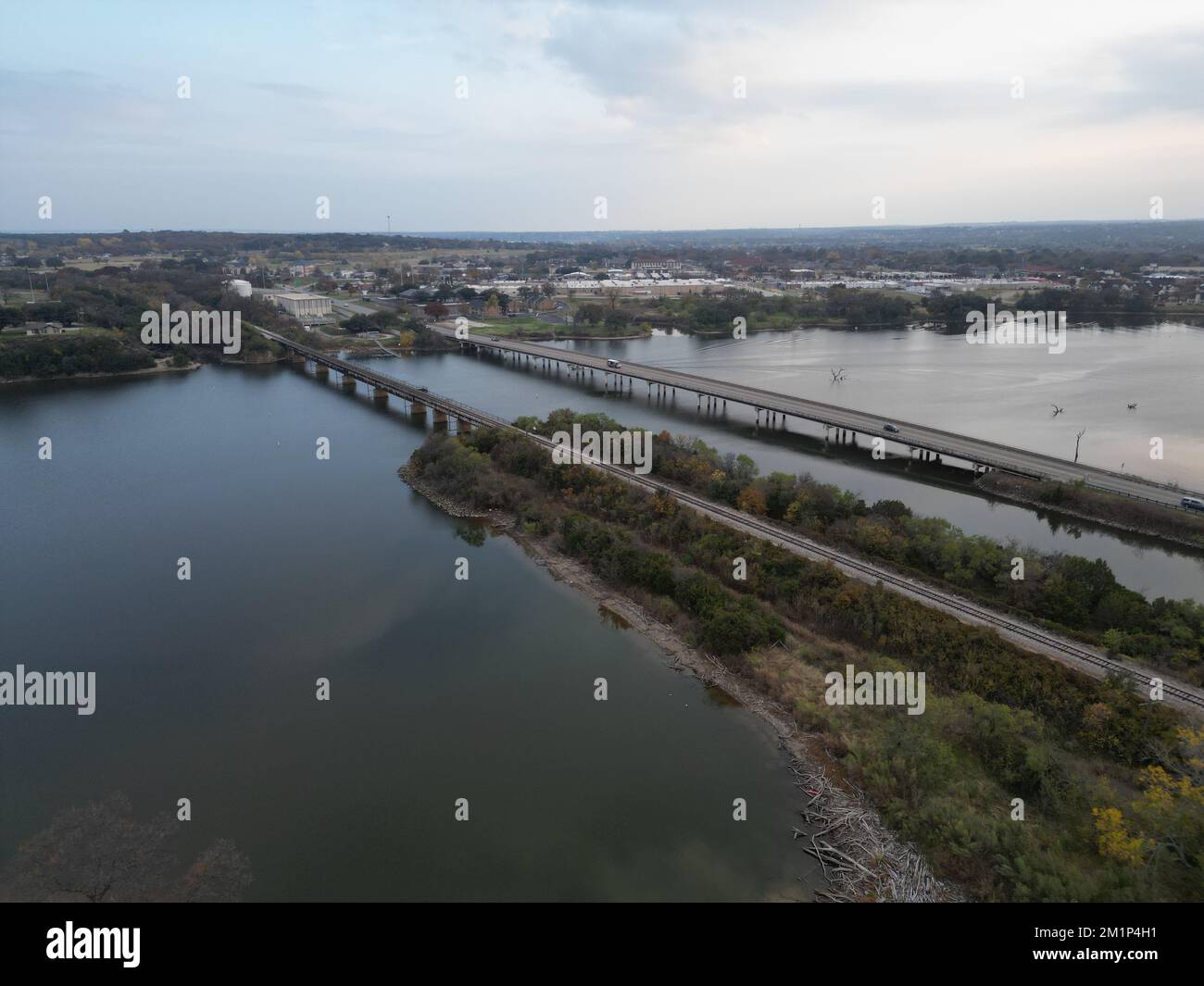 An aerial view of bridges over Brazos River in Granbury, Texas Stock